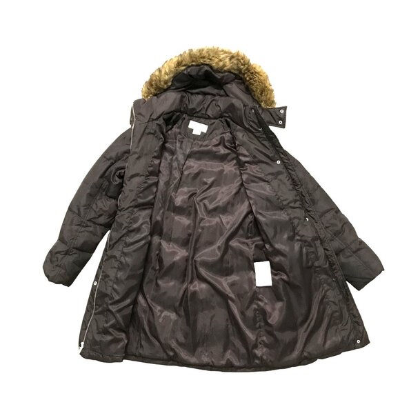 Michael Kors Womens LG Down & Feathers Puffer Coat Mid Length Brown Faux Fur Tri - Picture 2 of 13